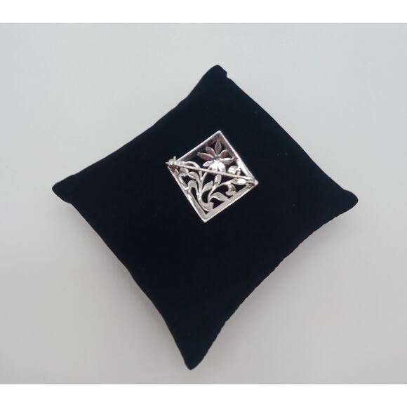 Sterling & Marcasite Flower Diamond Shaped Brooch Pin Filigree Silver - Picture 7 of 7